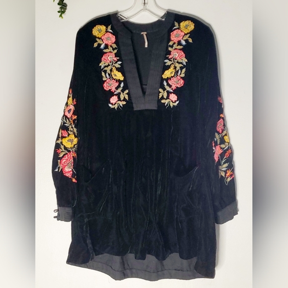FREE PEOPLE Mia floral Boho Velvet BlacK Dress XS - Picture 4 of 13